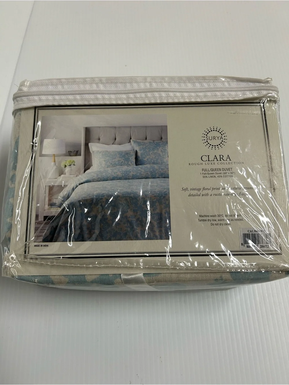 Surya Full Queen Duvet Clara Rough Luxe Blue Floral Linen Cotton 88x92 NEW